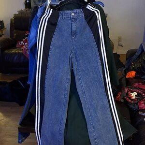 Chic Blue and Black Flare Jeans with Stripes